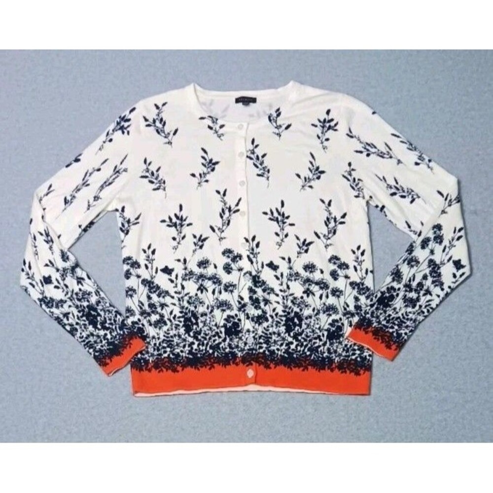 Talbots Contrast Hem Button Up Cardigan M Falling Floral Preppy Academia Classic